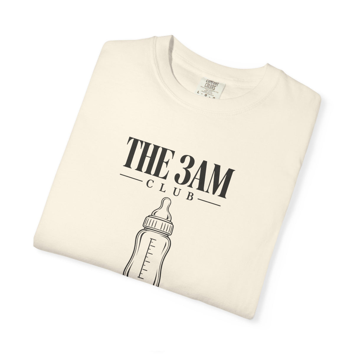 Ivory crew-neck baby bottle T-shirt with “THE 3AM CLUB” front graphic