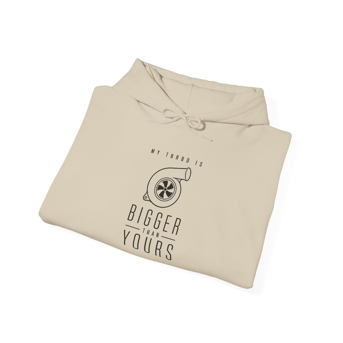 Sand pullover hoodie with front graphic and drawstring hood, folded flat