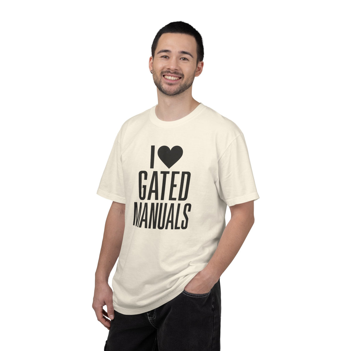 Ivory graphic T-shirt with bold black I heart Gated Manuals print
