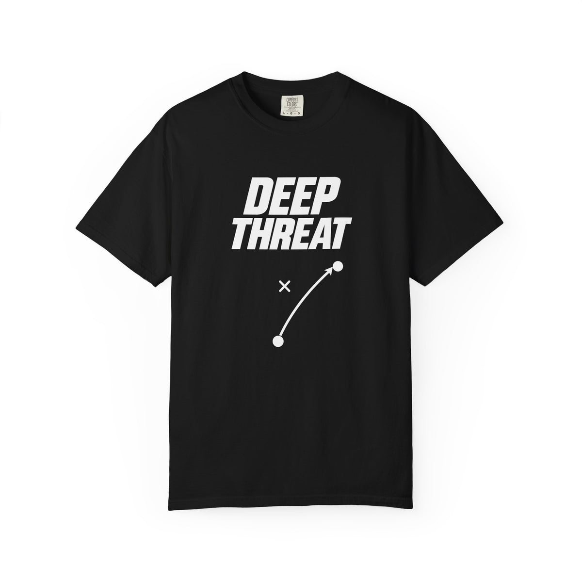 Black crewneck football t-shirt with centered white “DEEP THREAT” graphic