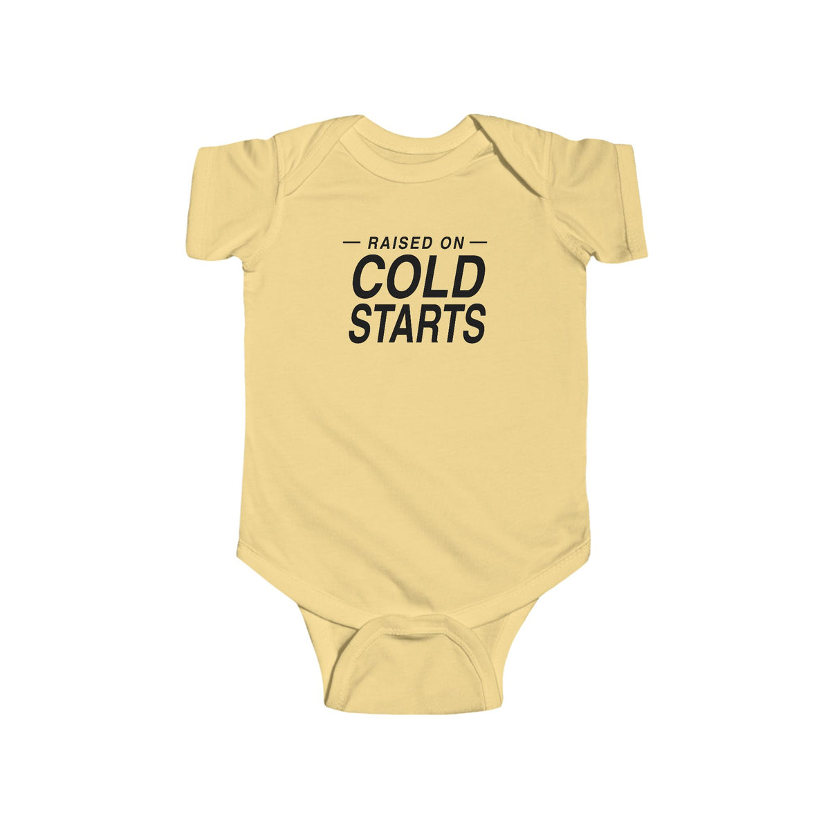 Butter yellow baby bodysuit with short sleeves and 'Cold Starts' front graphic