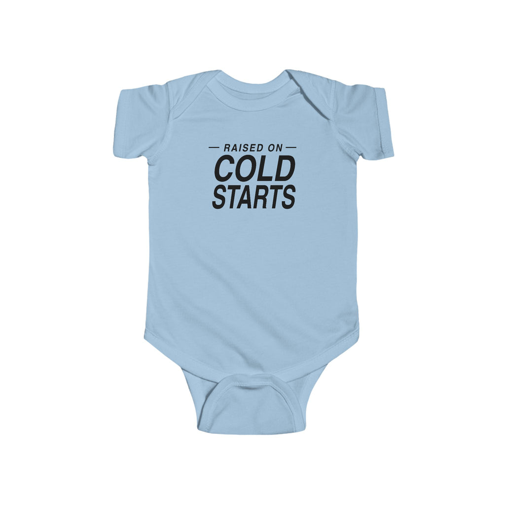 Light blue baby bodysuit with short sleeves and 'Cold Starts' front graphic