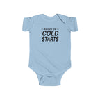 Light blue baby bodysuit with short sleeves and 'Cold Starts' front graphic