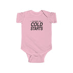 Pink baby bodysuit with short sleeves and 'Cold Starts' front graphic