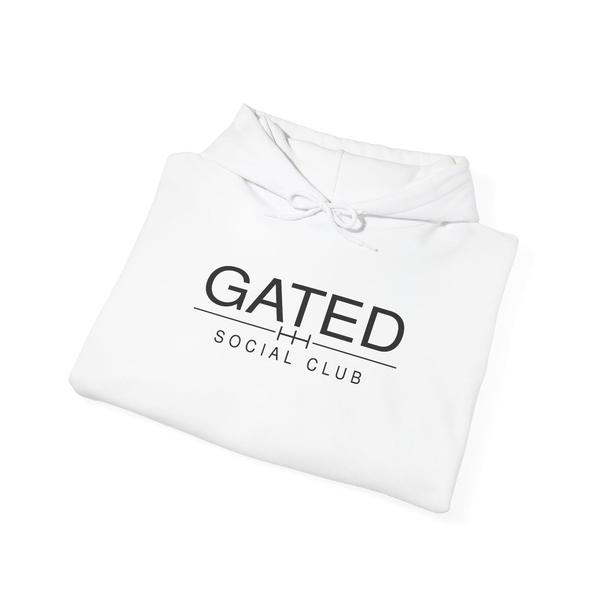 White pullover hoodie with drawstring hood and front "GATED SOCIAL CLUB" logo