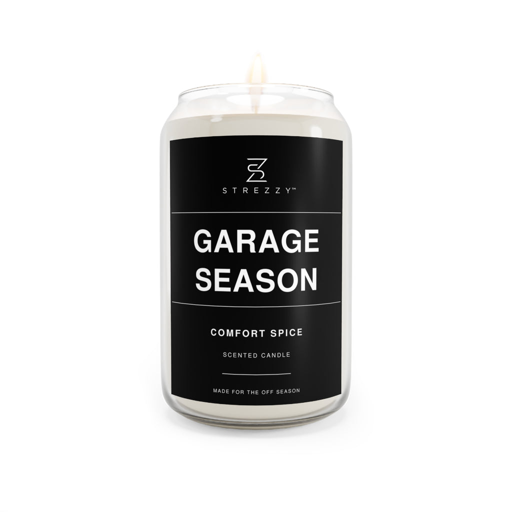 Garage Season comfort spice soy candle in clear glass jar with black label and flame