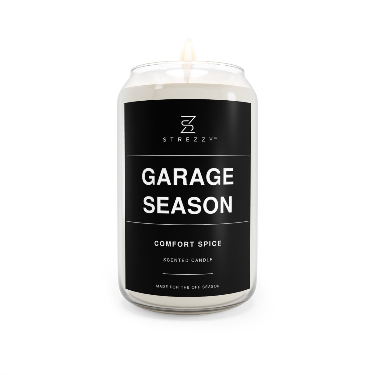 Garage Season comfort spice soy candle in clear glass jar with black label and flame