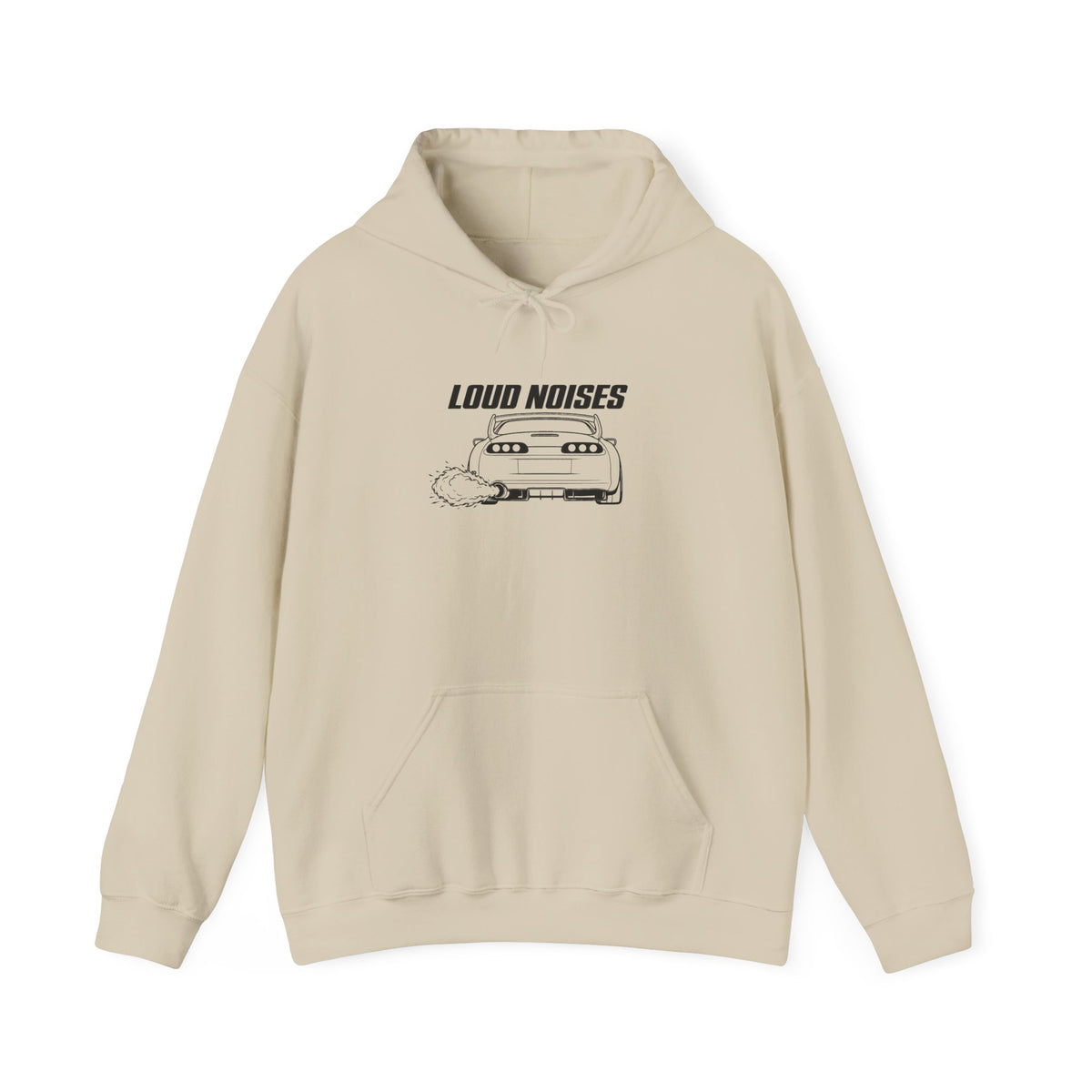 Sand pullover hoodie with front graphic and tan drawstring hood