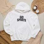White pullover hoodie with “GO SPORTS” logo, drawstring hood and front pocket