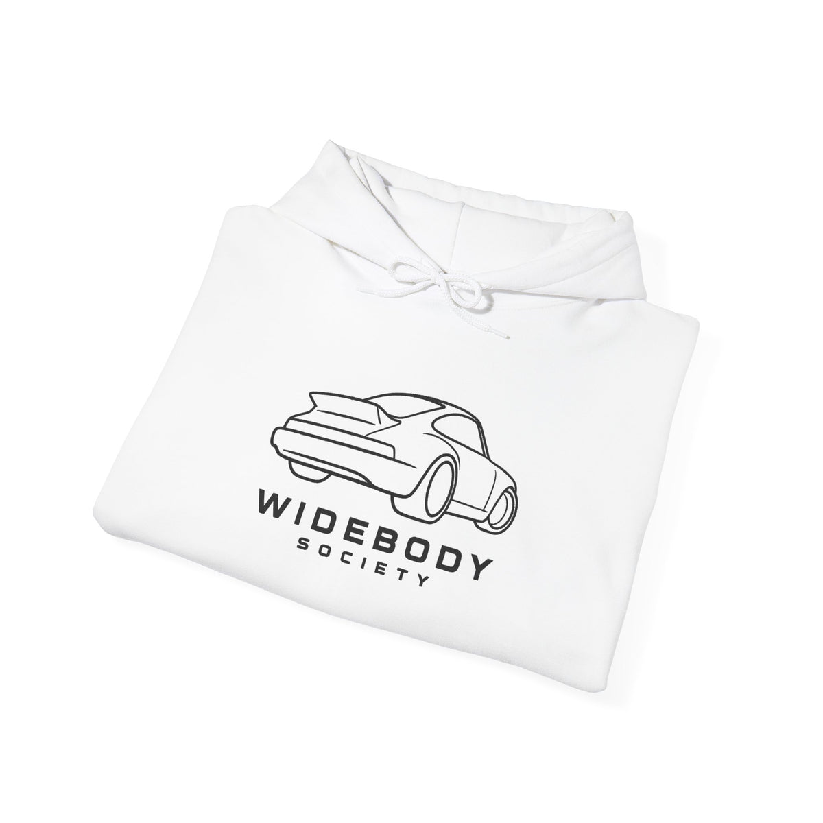 White Euro hoodie with car graphic logo and front pouch pocket