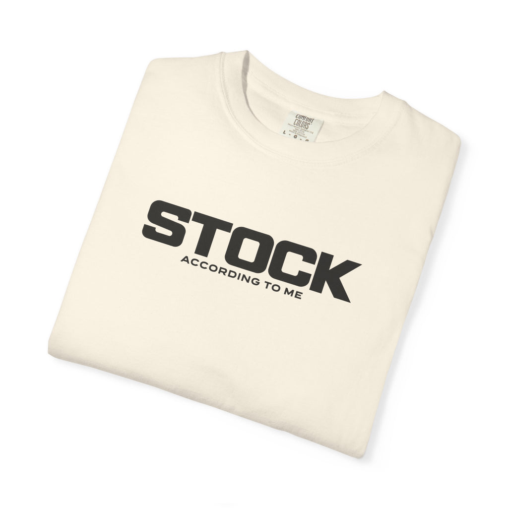 Ivory crewneck T-shirt with black “STOCK according to me” logo graphic