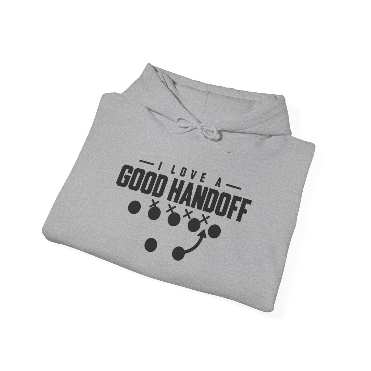 Sport grey football hoodie folded flat, showing hood and “GOOD HANDOFF” graphic