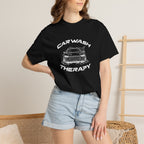 Black crew-neck T-shirt worn by model, 'CAR WASH THERAPY' front graphic
