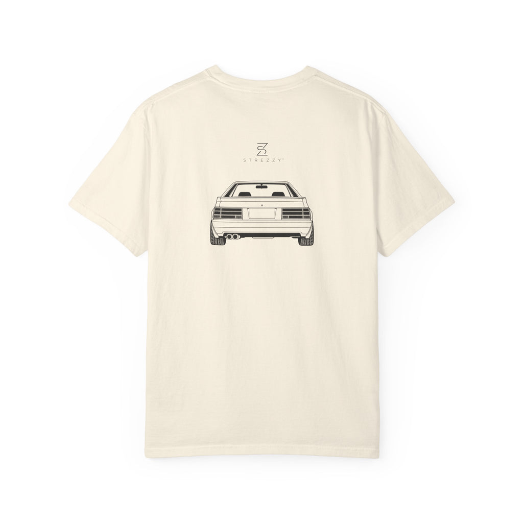 Ivory crew-neck T-shirt, back view with car logo centered