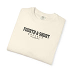 Ivory crew-neck football t-shirt with “FOURTH & SHORT SOCIETY” chest logo graphic.
