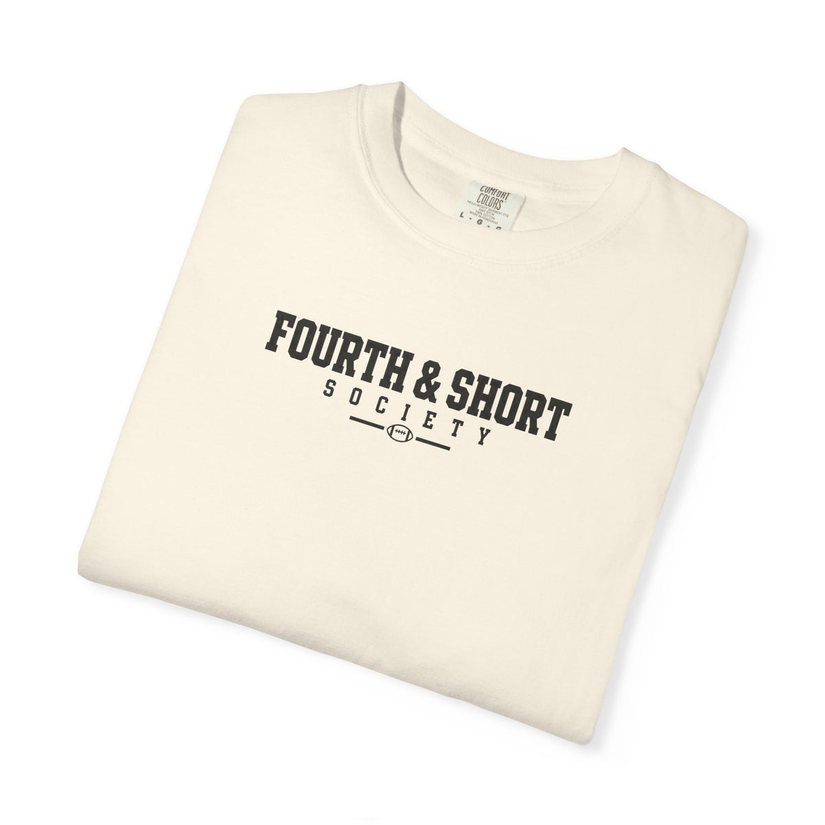 Ivory crew-neck football t-shirt with “FOURTH & SHORT SOCIETY” chest logo graphic.