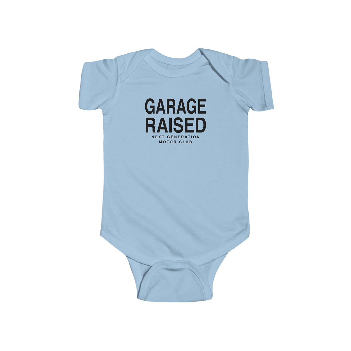 Light blue baby bodysuit with short sleeves and front "GARAGE RAISED" logo