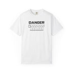 White crewneck T-shirt with "DANGER" intake manifold graphic on chest