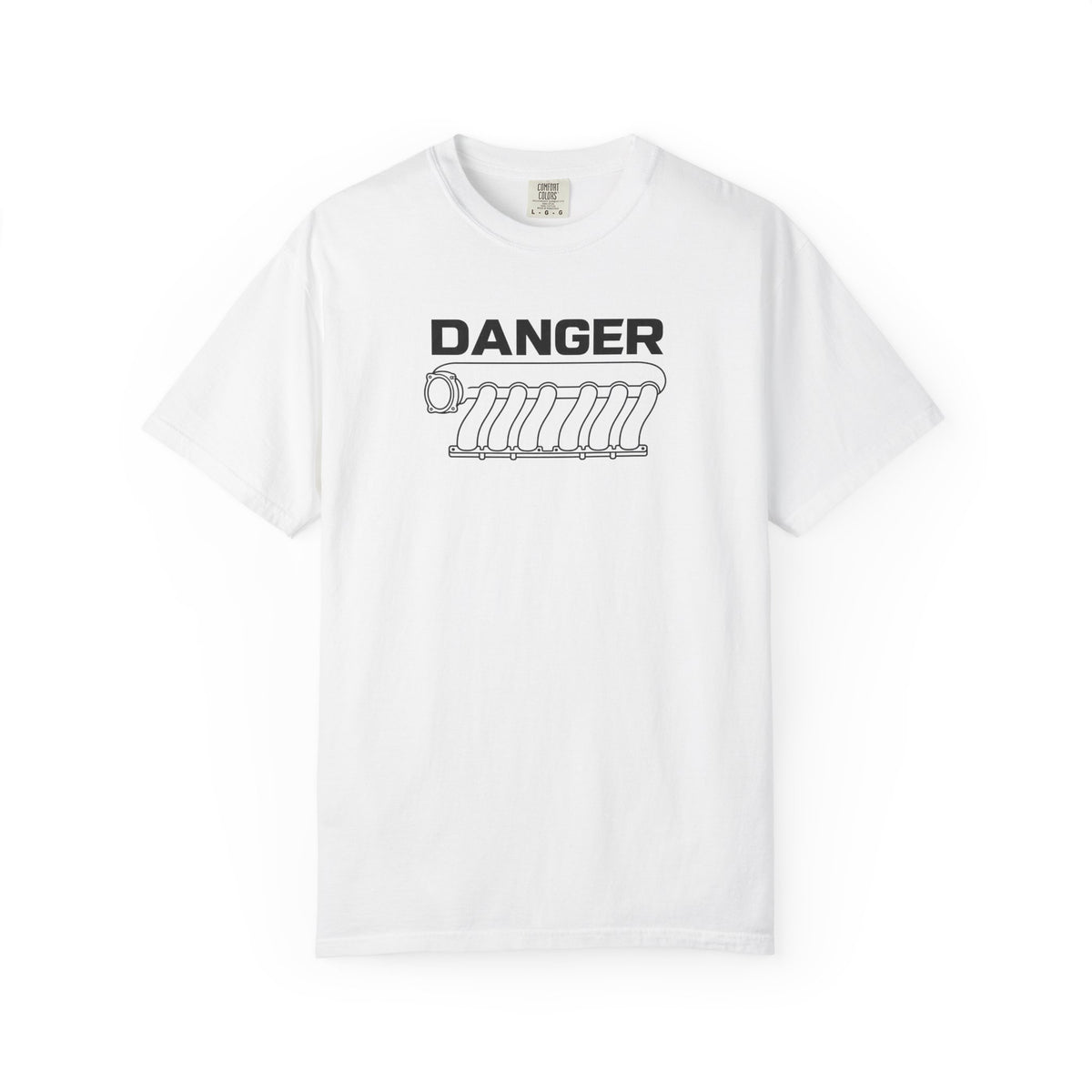 White crewneck T-shirt with "DANGER" intake manifold graphic on chest