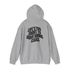 Sport grey pullover hoodie, back view with graphic text print