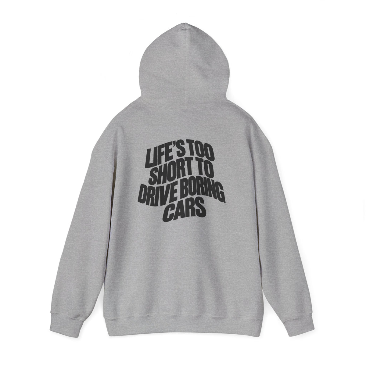 Sport grey pullover hoodie, back view with graphic text print