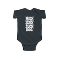 Black baby bodysuit with short sleeves and “Much Scary. Such Boo.” front graphic.
