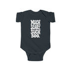 Black baby bodysuit with short sleeves and “Much Scary. Such Boo.” front graphic.