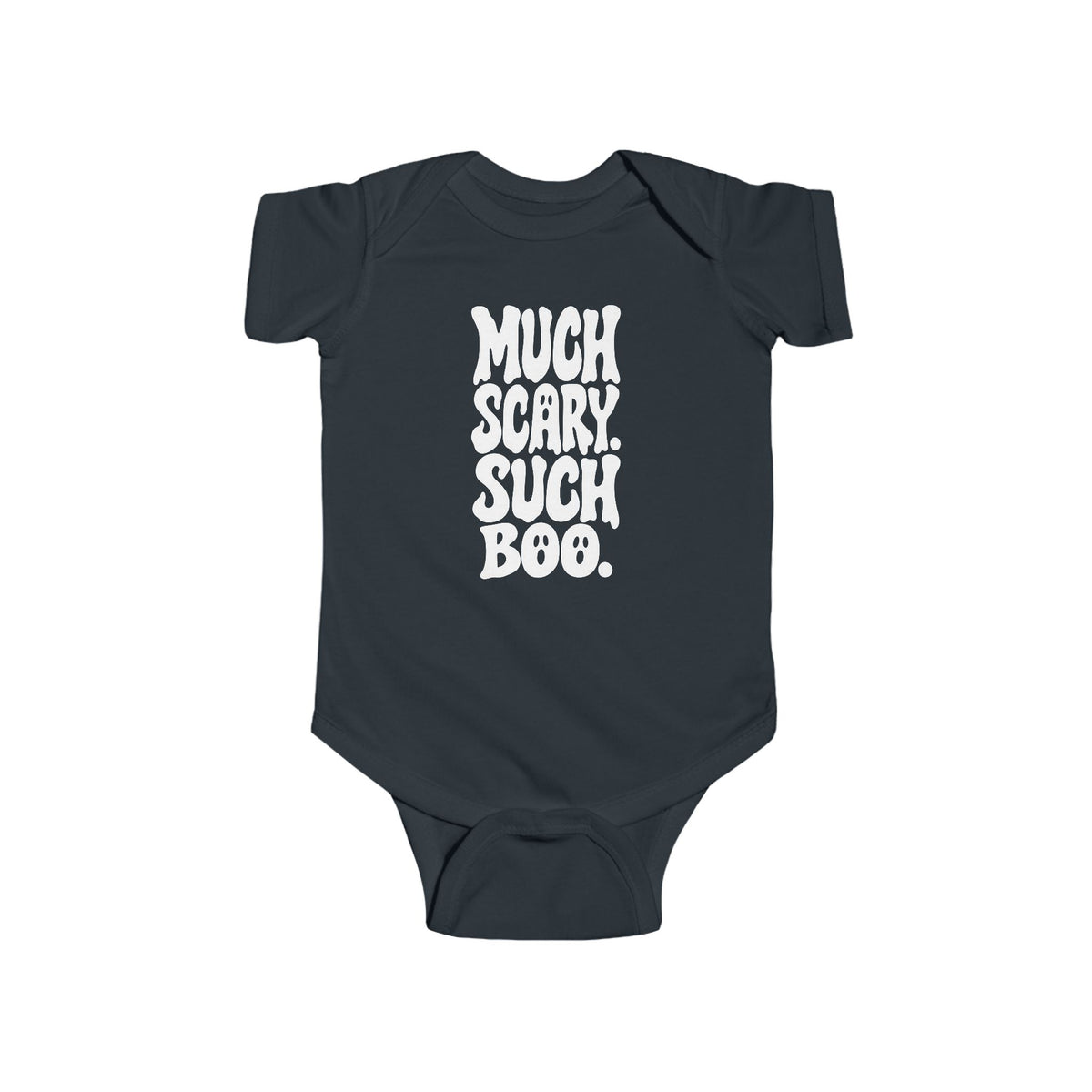 Black baby bodysuit with short sleeves and “Much Scary. Such Boo.” front graphic.