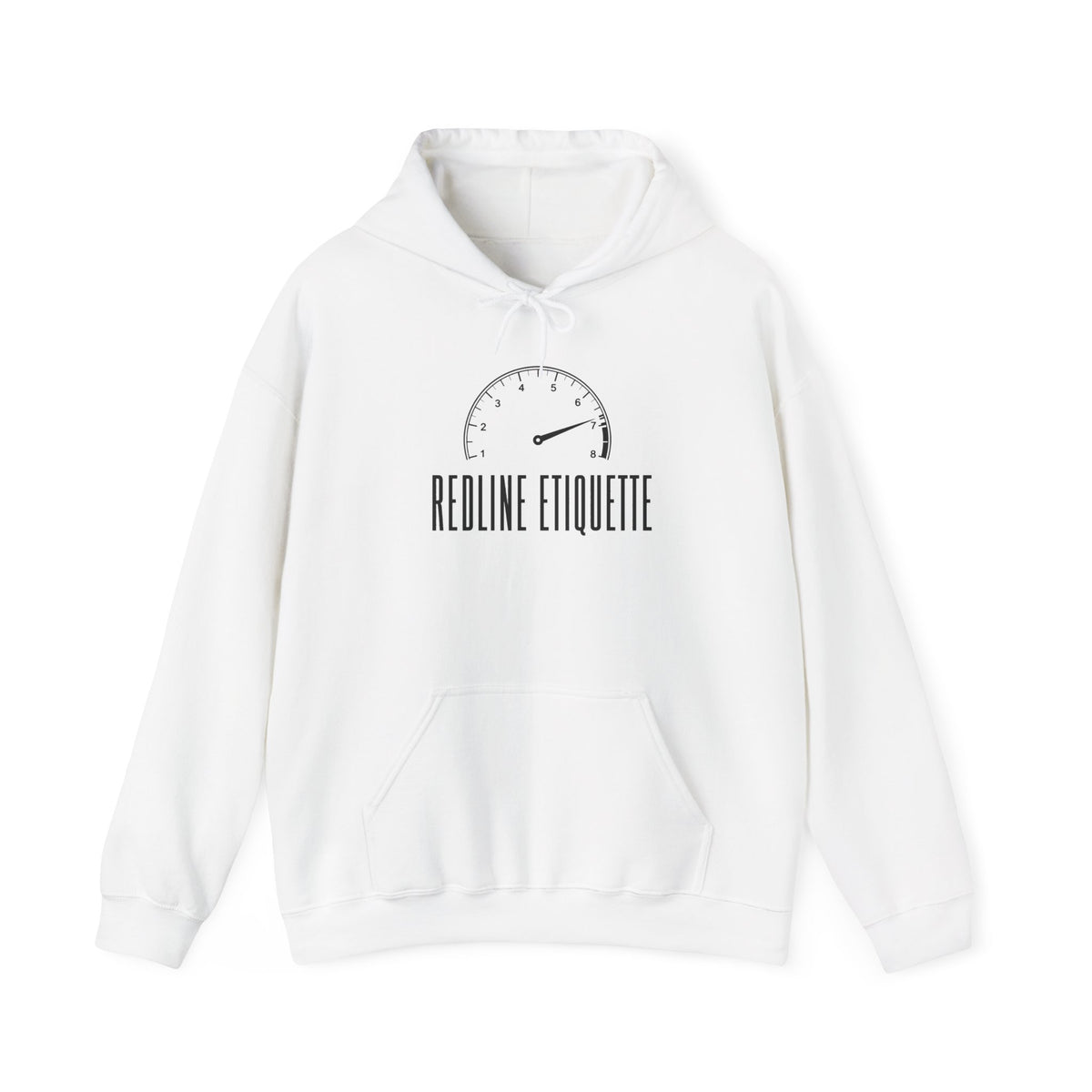 White pullover hoodie with drawstring hood, kangaroo pocket, and printed chest logo