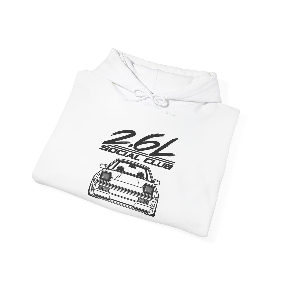White hoodie with drawstring hood and front “2.6L Social Club” car graphic