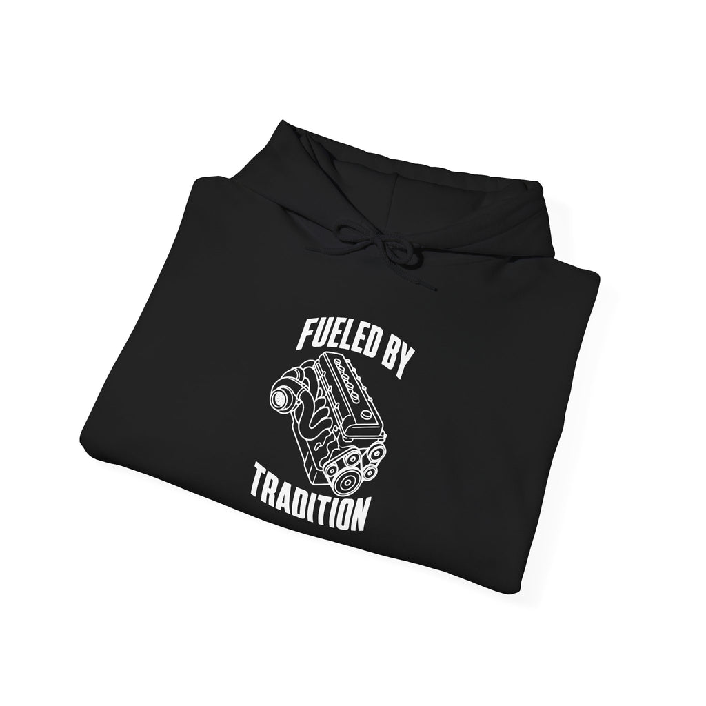 Black hoodie with drawstring hood and front graphic "Fueled by Tradition".