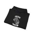 Black hoodie with drawstring hood and front graphic "Fueled by Tradition".
