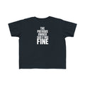 Black toddler graphic t-shirt with centered "THE PREVIOUS OWNER SAID IT WAS FINE" text