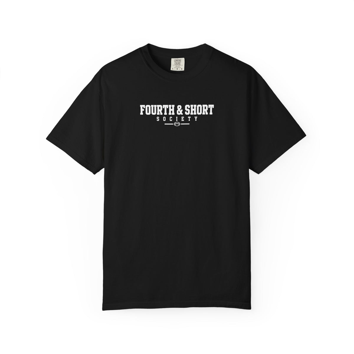 Black crew-neck football t-shirt with “FOURTH & SHORT SOCIETY” chest logo graphic.