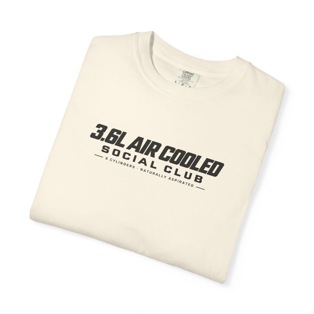 Ivory T-shirt with “3.6L AIR COOLED SOCIAL CLUB” front logo