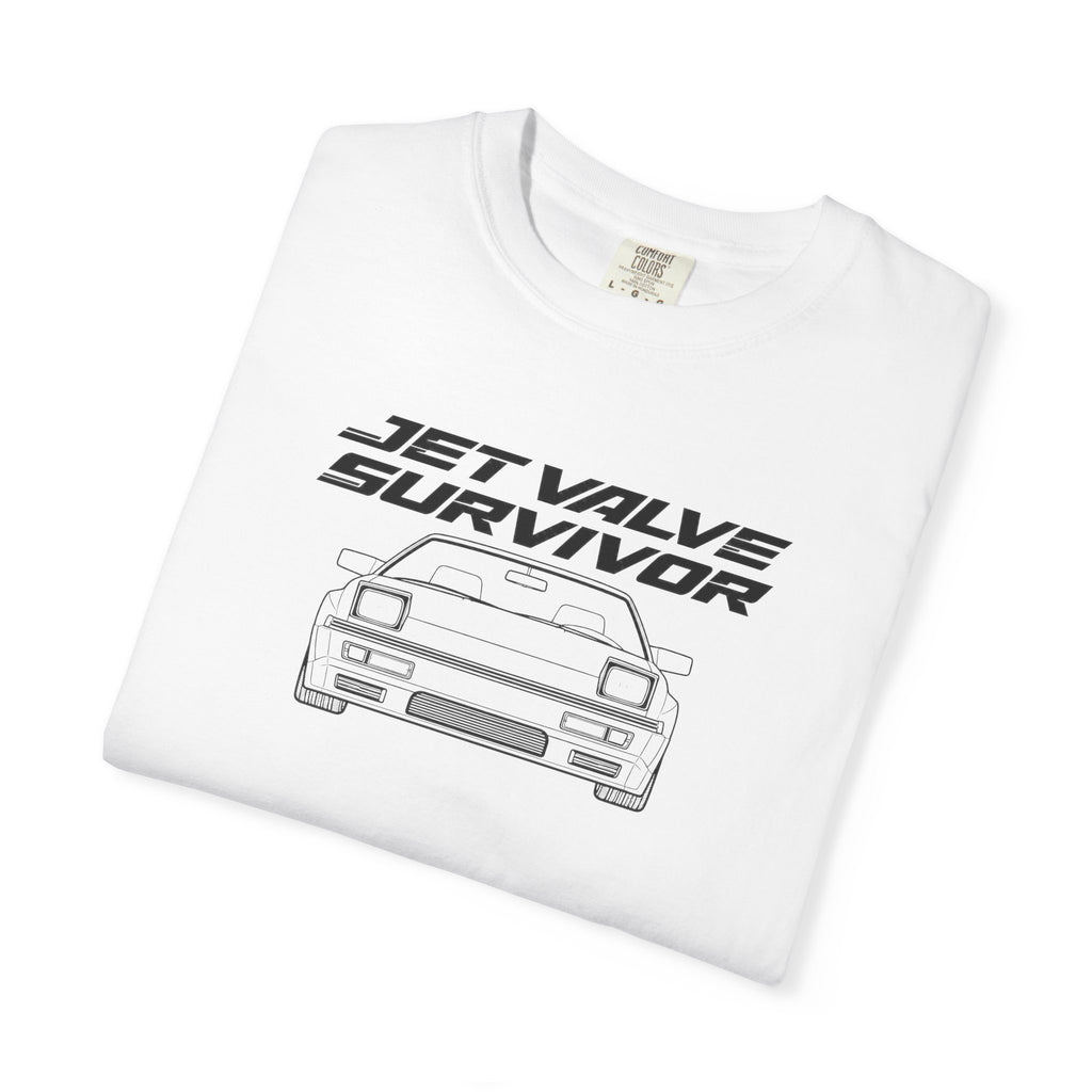 White crew-neck T-shirt with Jet Valve Survivor front car logo print