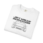 White crew-neck T-shirt with Jet Valve Survivor front car logo print