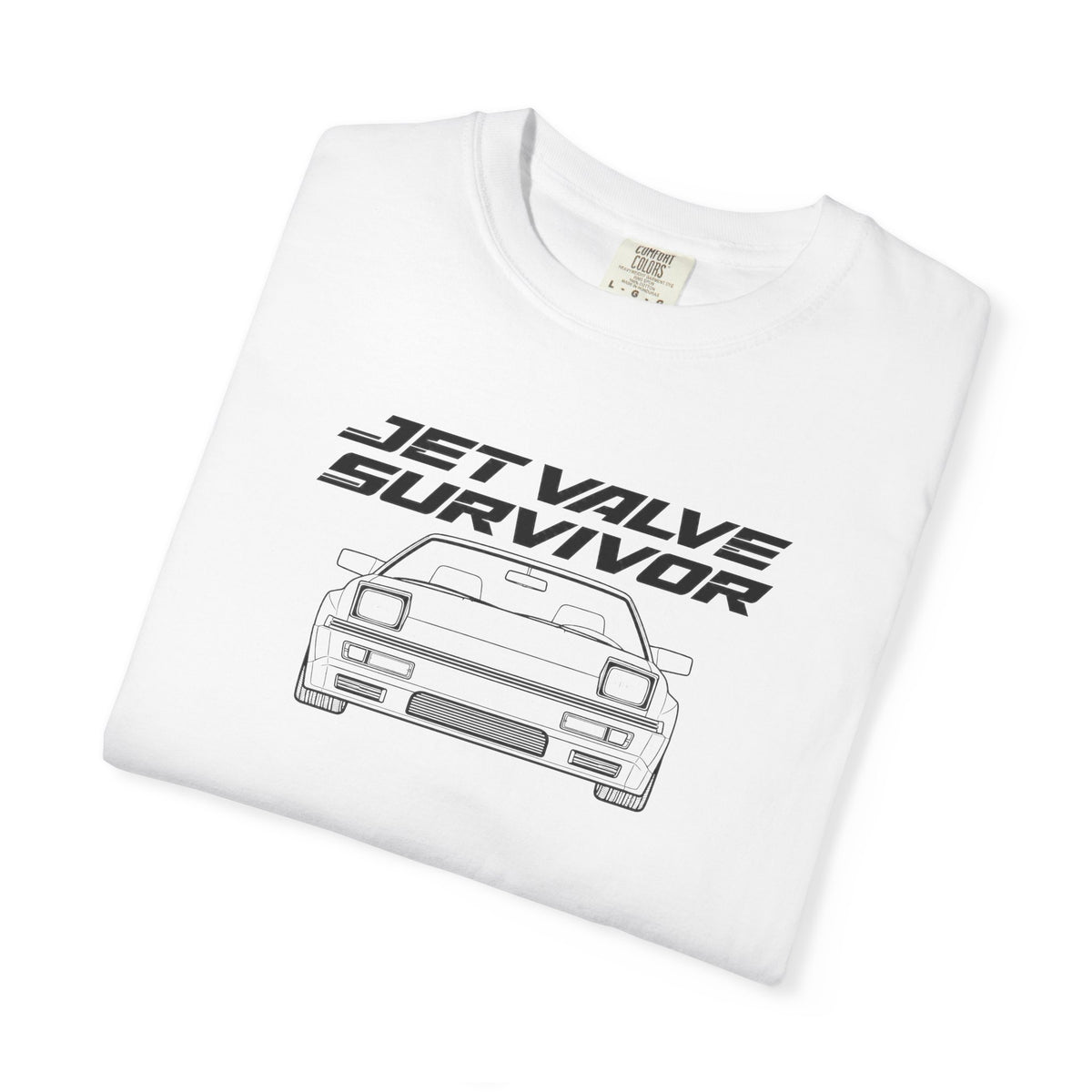 White crew-neck T-shirt with Jet Valve Survivor front car logo print
