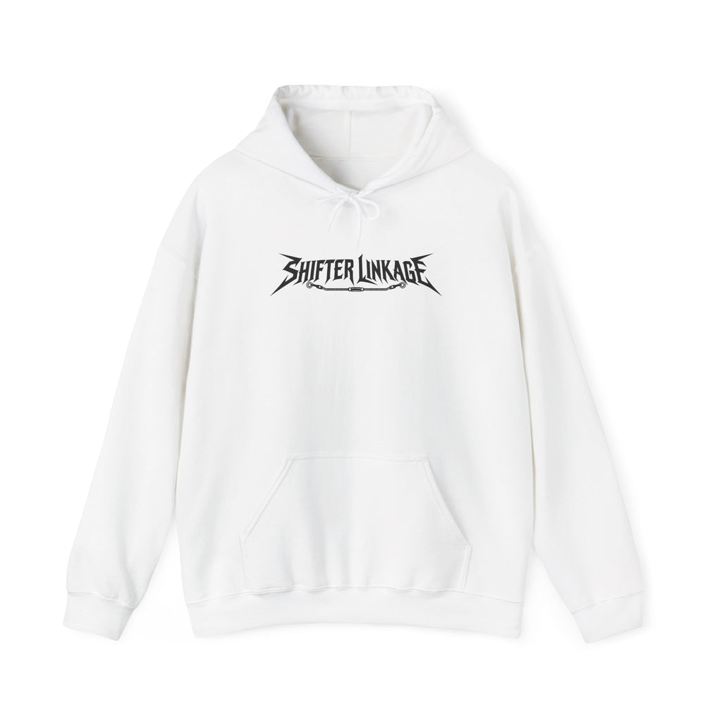 White heavy metal band hoodie with Shifter Linkage logo graphic on the front