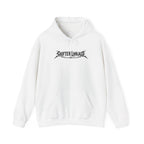White heavy metal band hoodie with Shifter Linkage logo graphic on the front