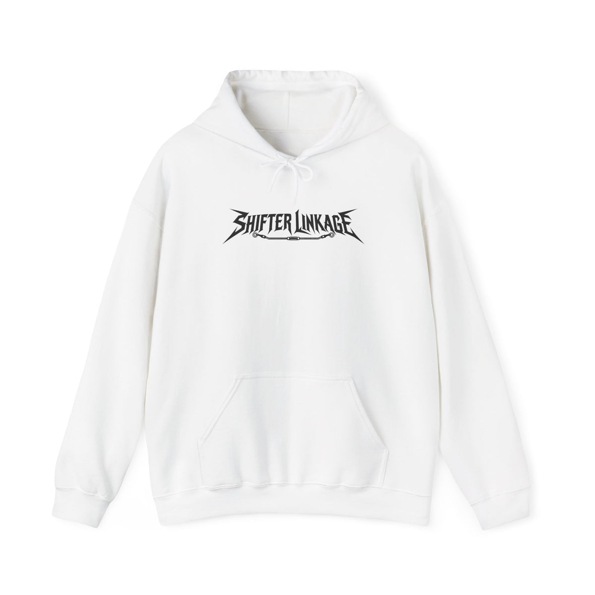 White heavy metal band hoodie with Shifter Linkage logo graphic on the front