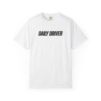 White crewneck T-shirt with 'DAILY DRIVER' front graphic