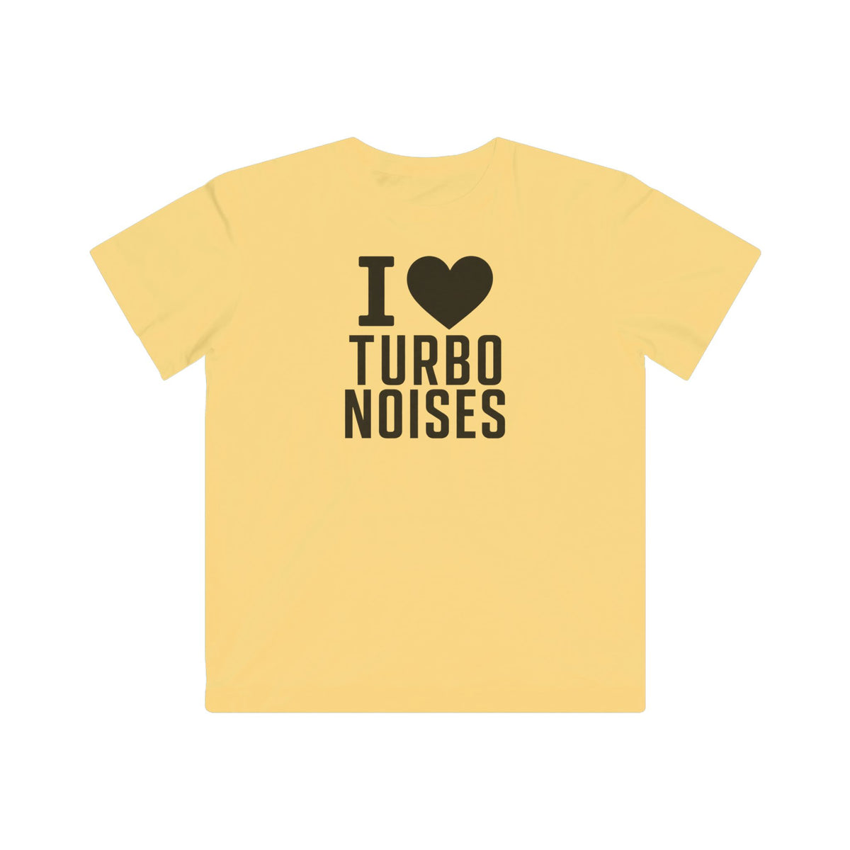Kids butter yellow t-shirt with 'I ♥ TURBO NOISES' front graphic