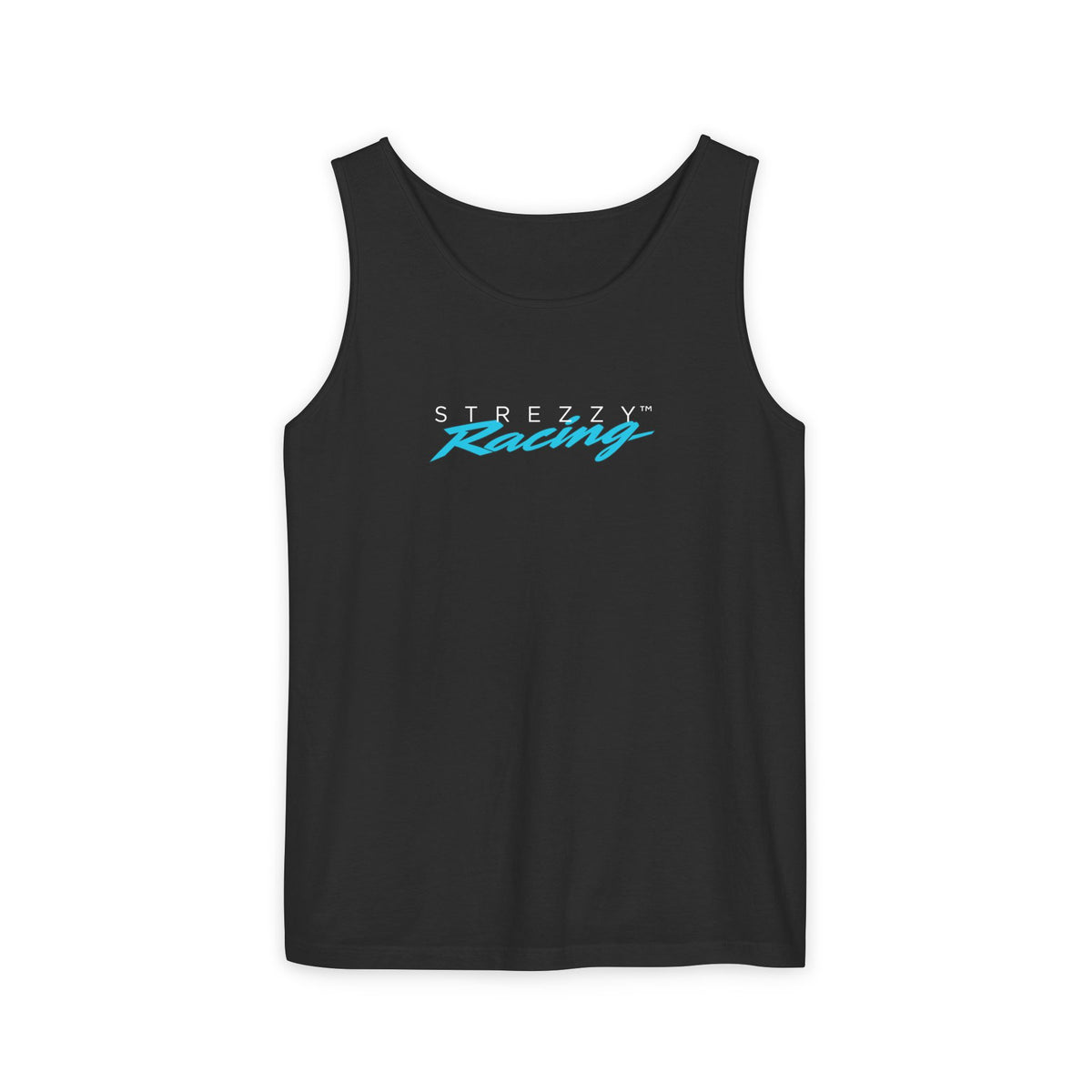 Strezzy Racing black tank top with crew neckline and front logo print
