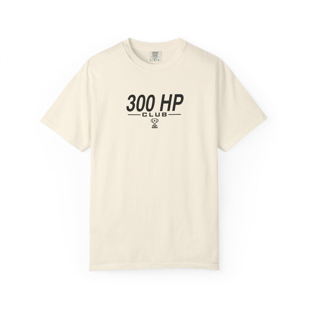 Ivory 300 HP Club T-shirt, front view with crew neck and short sleeves graphic.
