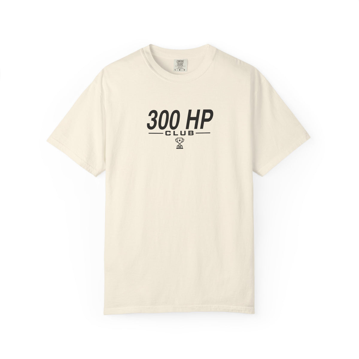 Ivory 300 HP Club T-shirt, front view with crew neck and short sleeves graphic.