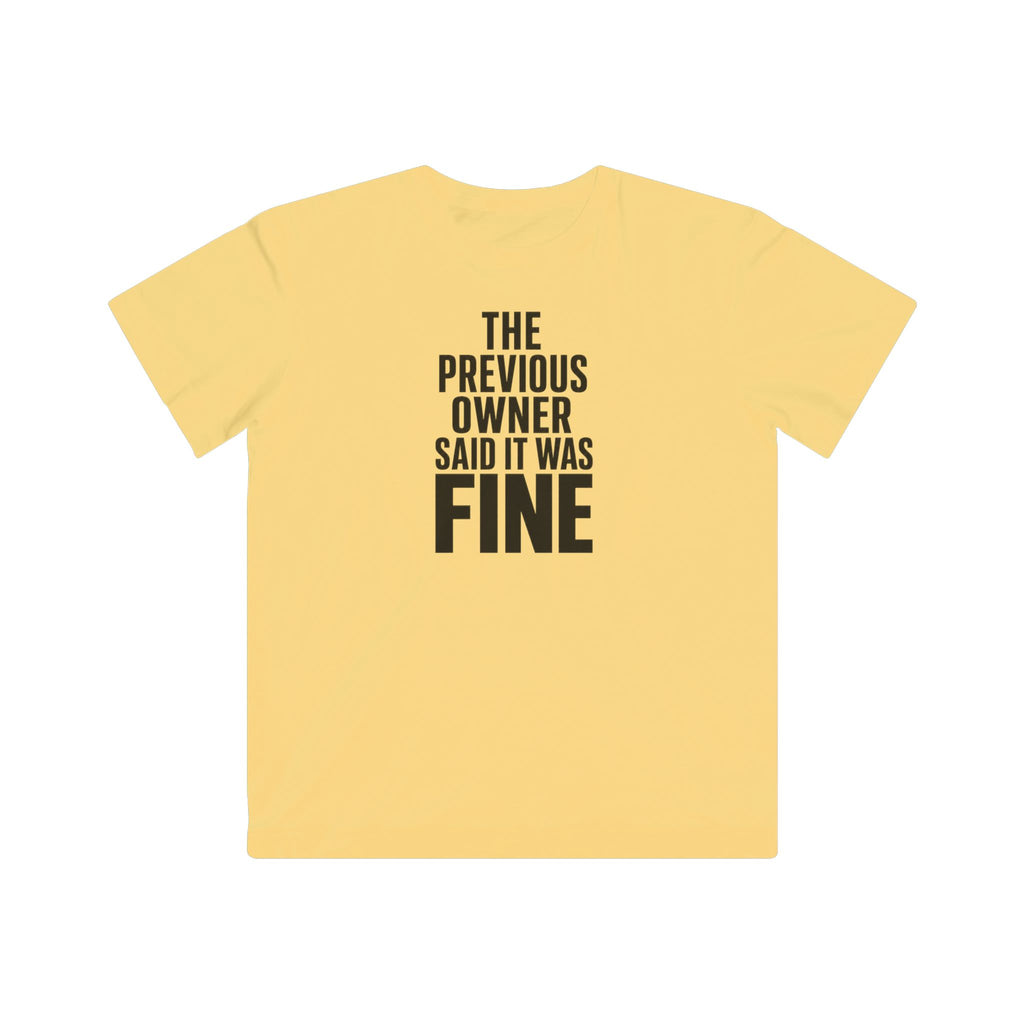 Kids graphic T-shirt, butter yellow with 'FINE' slogan text print