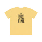 Kids graphic T-shirt, butter yellow with 'FINE' slogan text print
