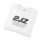 White crew-neck T-shirt with large 2JZ Social Club logo graphic