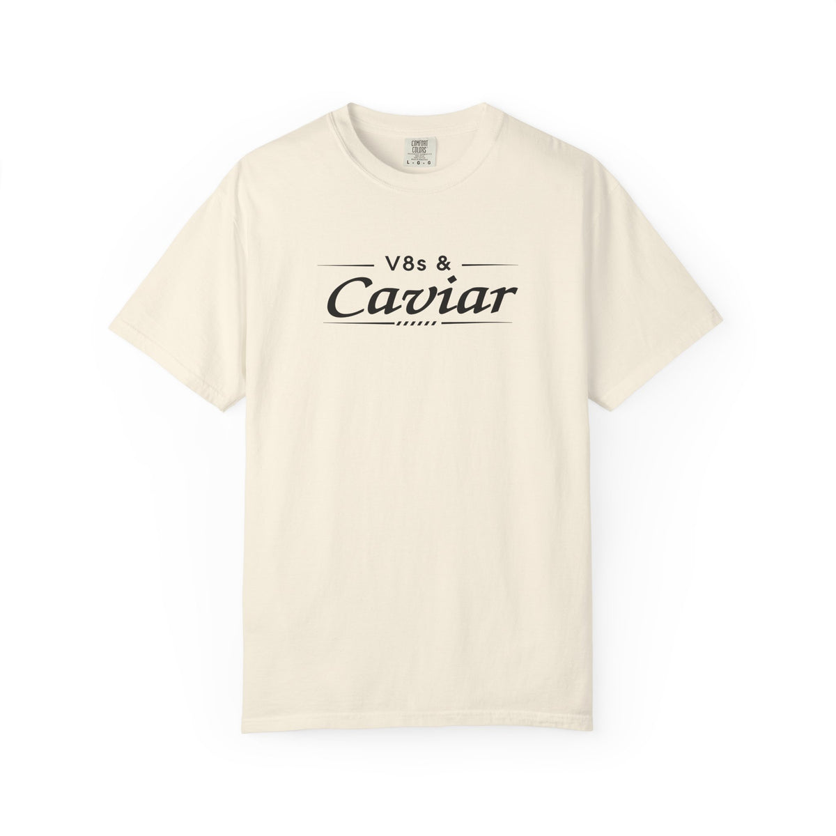 Ivory crew-neck graphic t-shirt with “V8s & Caviar” logo on the chest